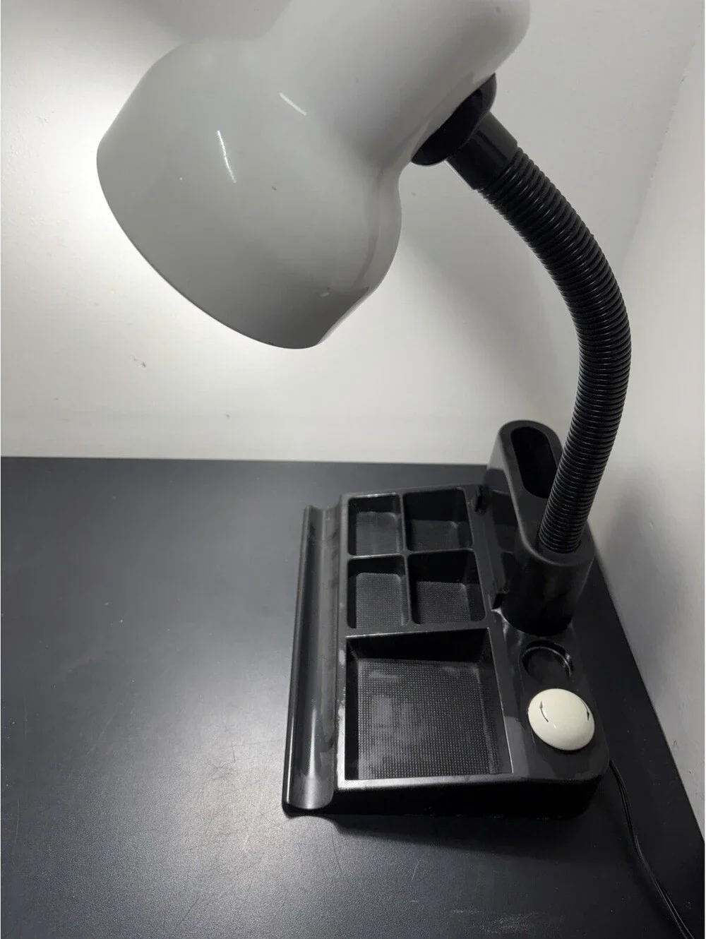 Vintage 80s White Gooseneck Office Desk Lamp With Black Plastic Organizer Base